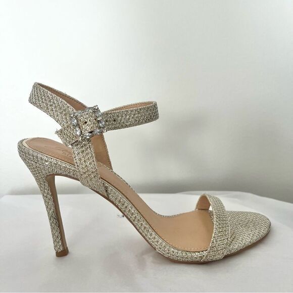 Jewel Badgely Mischka Arlina Glitter Open Toe Ankle Strap Sandal Heels Gold 8 - Picture 3 of 10